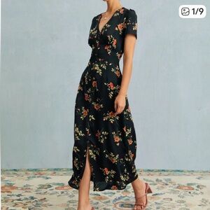 RIHOAS Black floral maxi button up dress